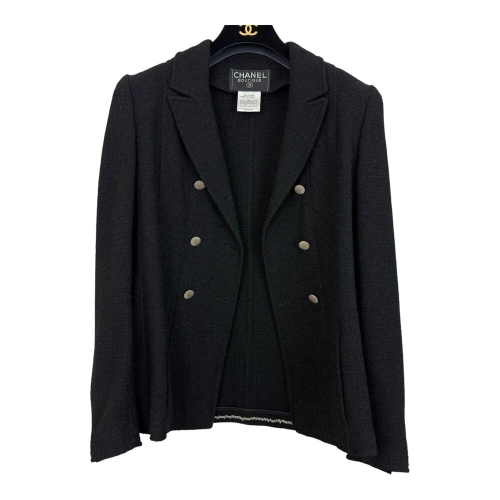 Chanel Boutique Blazer 1998 Double Breast Boucle Knit Jacket Sz FR 36 US 4 Black